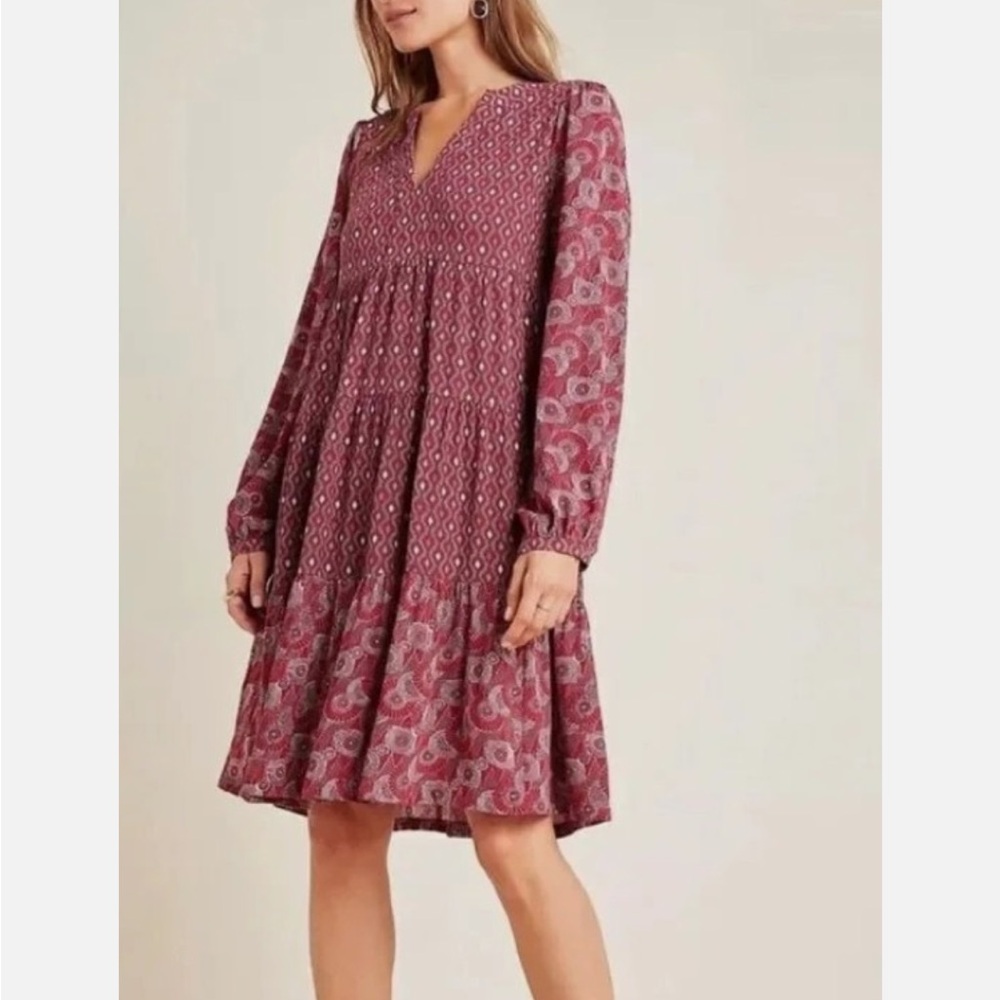 Anthropologie Maeve Amber Long Sleeve Tiered Dress Size XS